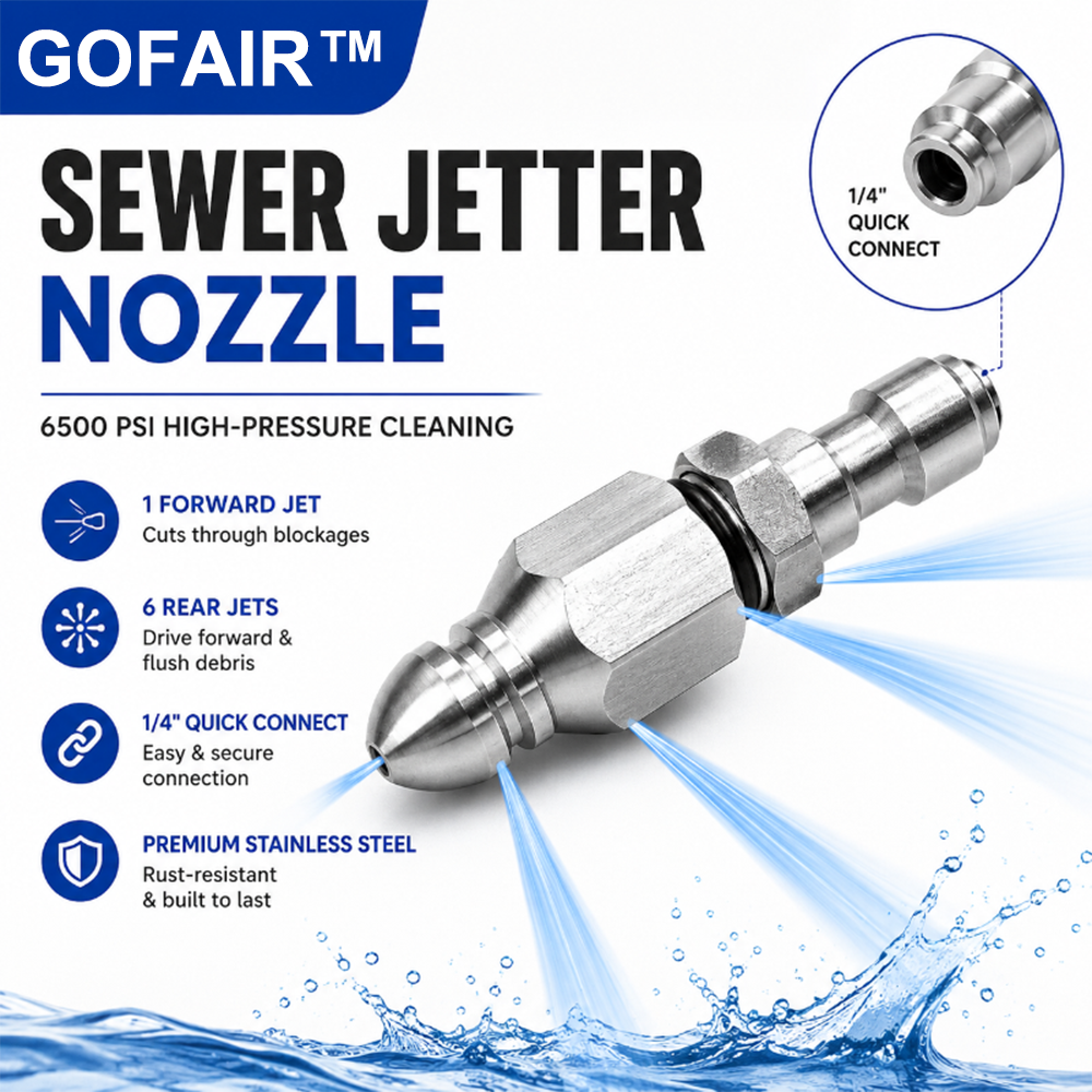 6500 PSI Stainless Steel Sewer Jetter Nozzle – 1/4" Quick Connect Drain Cleaning Attachment for Pressure Washers