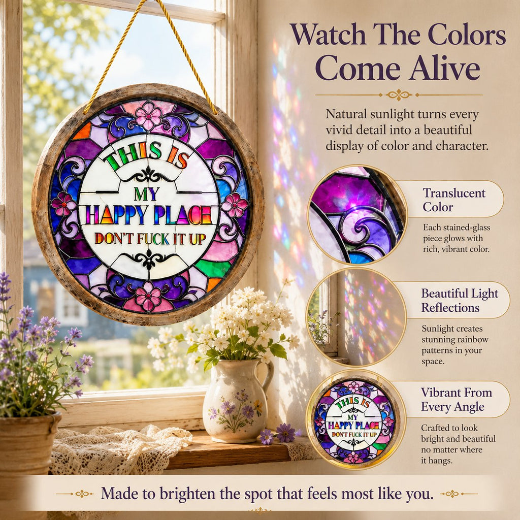 Stained Glass-Style Happy Place Hanging Suncatcher | Sunlight-Catching Quote Decor for Windows, Porches, Patios & Gifts ✨