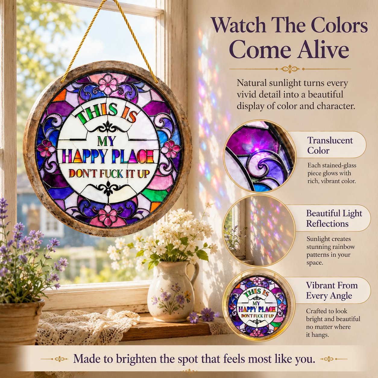 Stained Glass-Style Happy Place Hanging Suncatcher | Sunlight-Catching Quote Decor for Windows, Porches, Patios & Gifts ✨