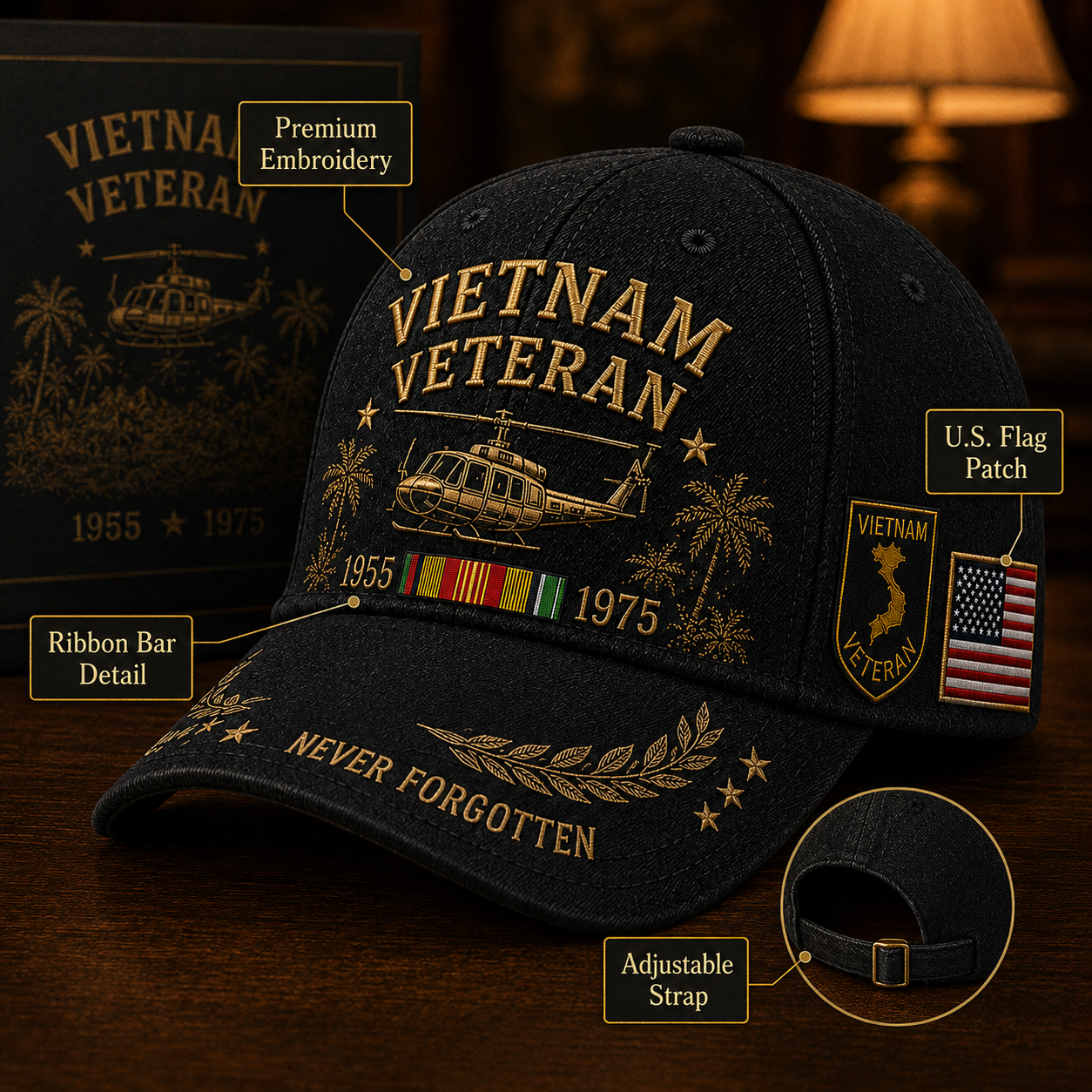 Vietnam Veteran 1955–1975 Memorial Embroidered Cap