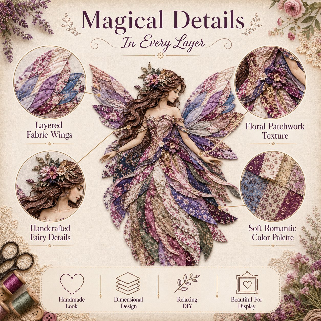 🔥LAST DAY 49% OFF-🧚‍♀️🌸 Premium Fairy Patchwork DIY Kit | High-Quality Layered Fabric with Floral Wings DIY Handmade Fantasy Wall Decor ✨