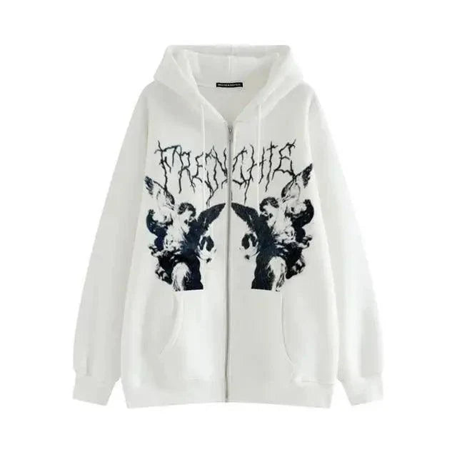 New Trendy Vintage Hip Hop Streetwear Women Hoodies Angel Dark Print Zipper Jacket Coat Hooded Top Clothes Men Women Punk Outwear