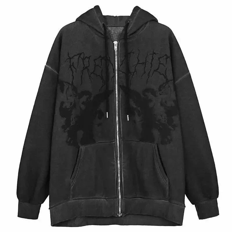 New Trendy Vintage Hip Hop Streetwear Women Hoodies Angel Dark Print Zipper Jacket Coat Hooded Top Clothes Men Women Punk Outwear